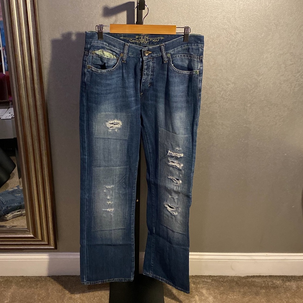 Men’s, EDUN, indigo, distressed designer denim.